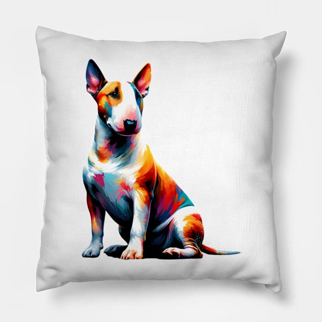 Vibrant Splashed Paint Bull Terrier Artwork Pillow by ArtRUs