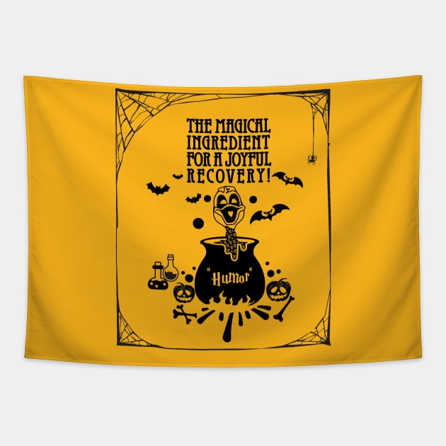 Sarcoma cancer Awareness yellow ribbon Humor the magical ingredient for a joyful recovery Halloween Tapestry by Shaderepublic