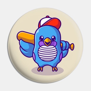 Cute Bird With Hat Holding Baseball Bat Cartoon Pin