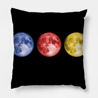 Moon in triplicate - moon photo in blue, red, and yellow Pillow