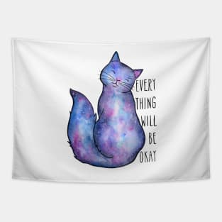 Everything Will Be Ok Blue Galaxy Cat Tapestry