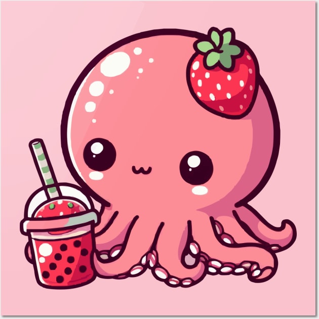 cute octopus drink strawberry boba