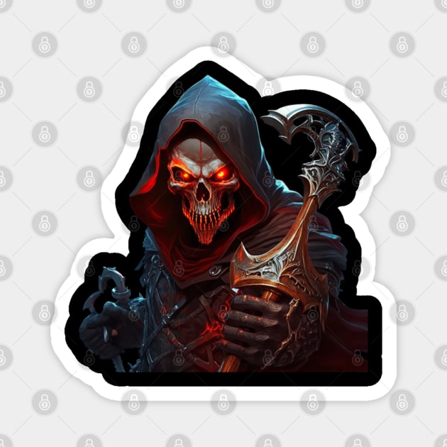 Sinister skull with red eyes with a scythe Magnet by newcoloursintheblock