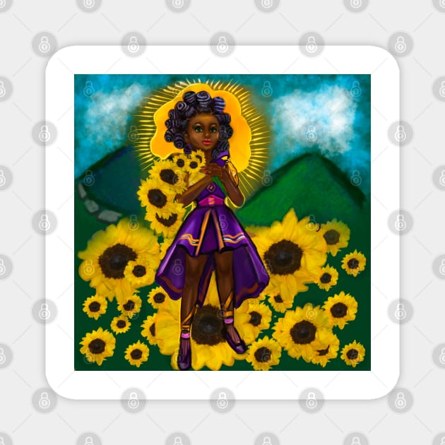 anime girl  sunflower warrior princess ii with Bantu knots - black girl with Afro hair and dark brown skin and flowers Magnet by Artonmytee