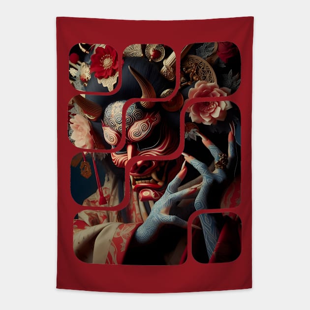 Japanese geisha with Oni Mask Kabuki AI Art Tapestry by Ravenglow