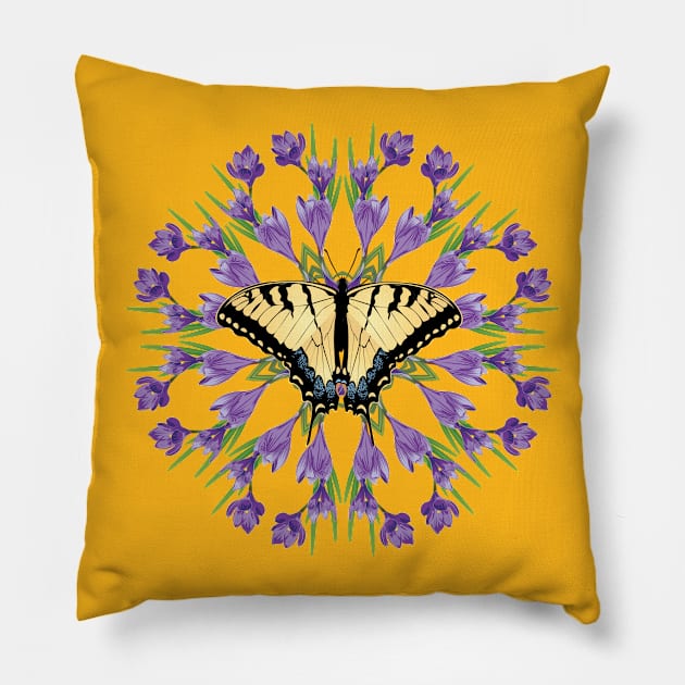 Crocus mandala with yellow butterfly Pillow by AnnArtshock