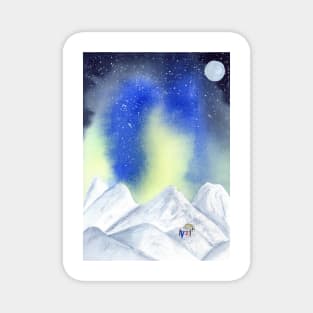 Camping in the Mountains with Northern Lights Watercolor Art Magnet