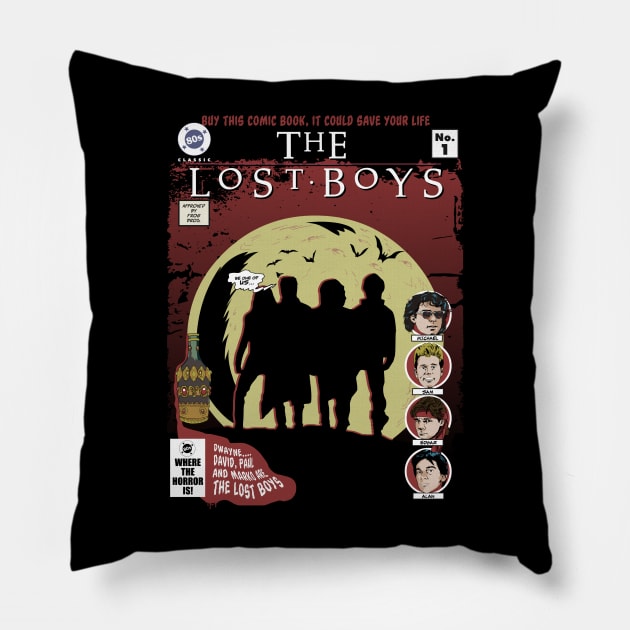 Vampires everywhere, Dwayne, David, Paul and Marko are The Lost Boys Pillow by DaveLeonardo