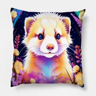 Cute Ferret with Floral Elements in Watercolor art Pillow