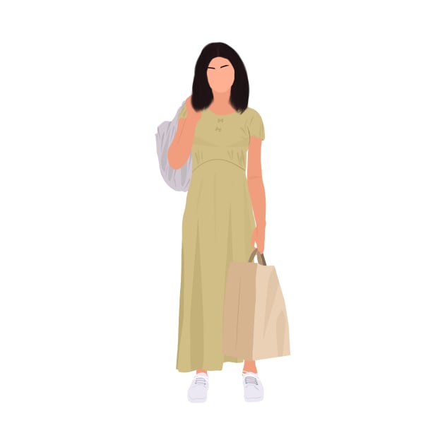 Sel in yellow long dress Outfit with grocery bags Fan Art by senaeksi