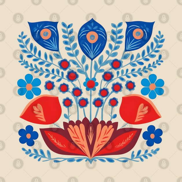 Blue and red floral scandinavian folk art by craftydesigns