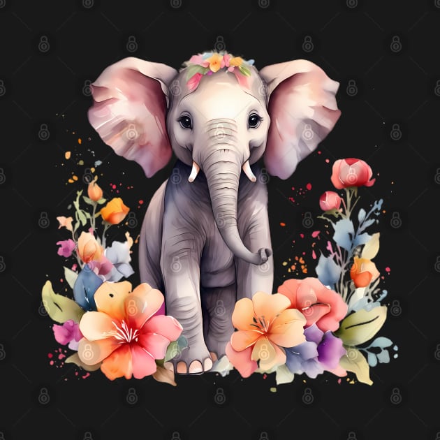 A baby elephant decorated with beautiful watercolor flowers by CreativeSparkzz