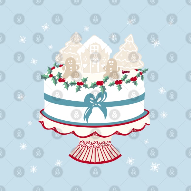 Vintage Christmas Cake with Gingerbread Decorations on a Red Cake Stand by NattyDesigns