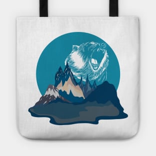 Bear Roaring in Blue Mountain Landscape | Gift Idea for Travelers who love Hiking or Camping | Wanderlust T-Shirt Tote