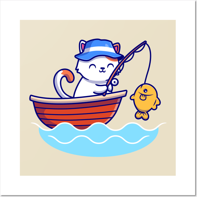 Cute Cat Fishing In The Sea On Boat - Fishing - Posters and Art