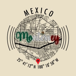 Monterrey MEXICO Road Map Art - Earth Tones T-Shirt