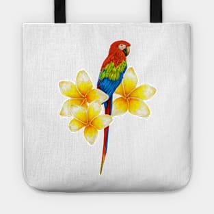 parrot sitting on a branch with tropical flowers Tote