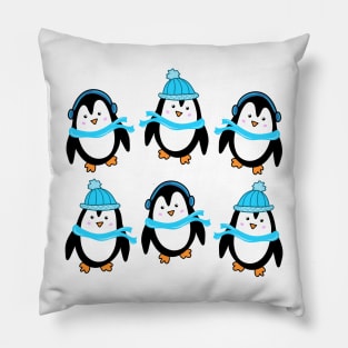 Festive Winter Penguins with Blue Scarves and Hats, made by EndlessEmporium Pillow