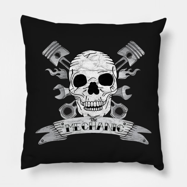 Vintage Mechanic Skull and Crossed Pistons Pillow by HotHibiscus