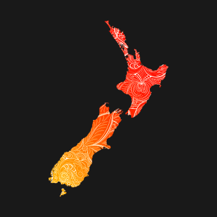 Colorful mandala art map of New Zealand with text in red and orange T-Shirt