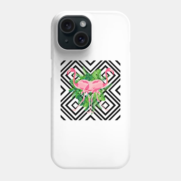 Hand drawn pink flamingo with tropical leaves in mirror image style on geometric background. Phone Case by AnaMOMarques