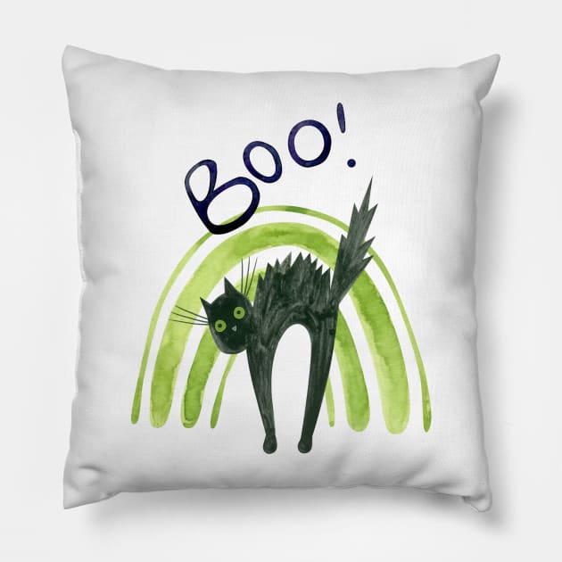 Halloween Green Rainbow and Black Cat Watercolor Pillow by AdrianaHolmesArt