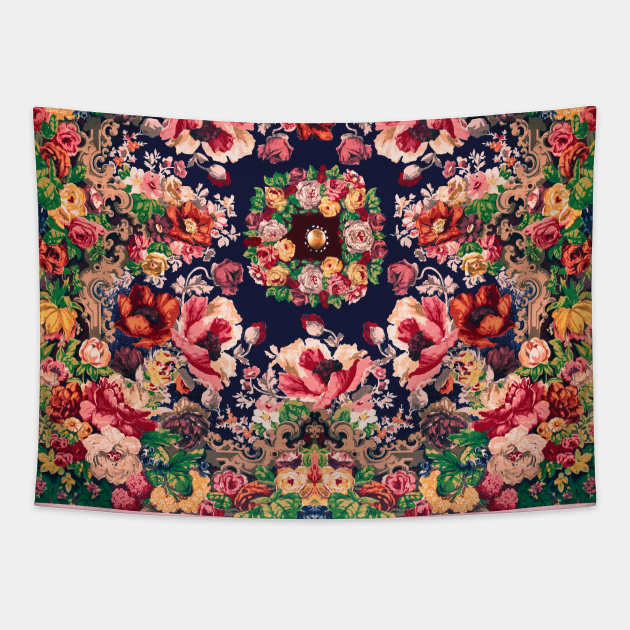 POPPIES,ROSES ,GREEN LEAVES,FLOWER CROWN,Art Nouveau Floral in Dark Blue Tapestry by BulganLumini