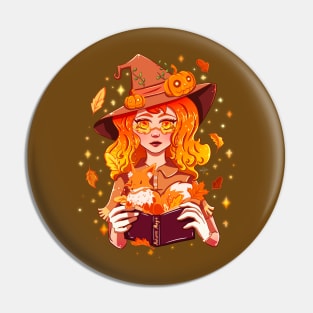 Fall Autumn Magic Witch with Fox and Falling Leaves Pin