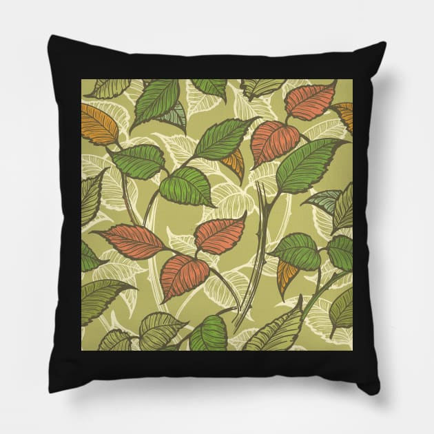 Retro Leaves Seamless Pattern Pillow by devaleta