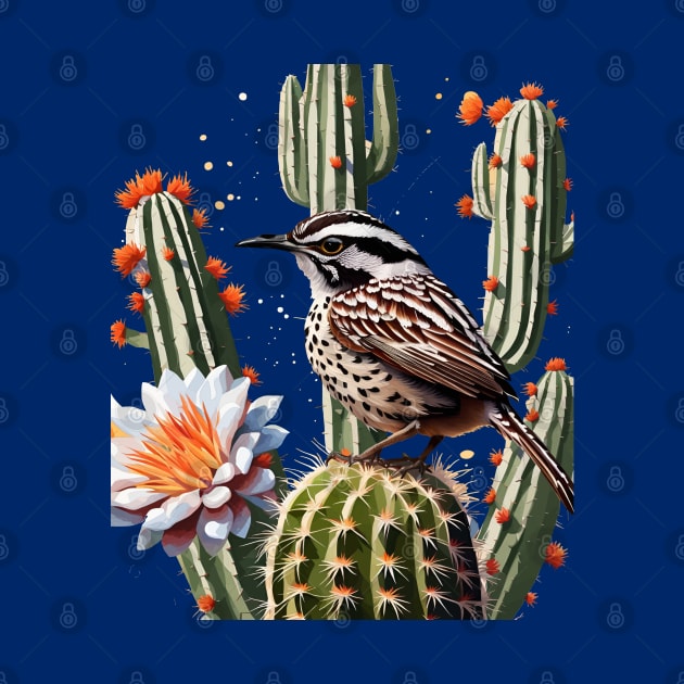 Cactus Wren Surrounded By Saguaro Cactus Blossom by taiche