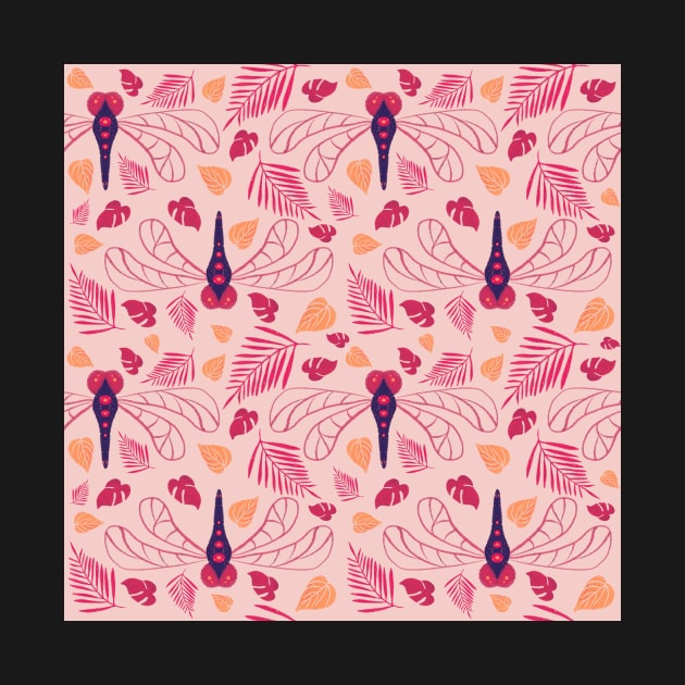 Red Dragonfly and Orange Leaf Pattern on Pink by OneLook