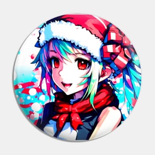 Anime Girl Christmas Hat Blue Green Hair Pin