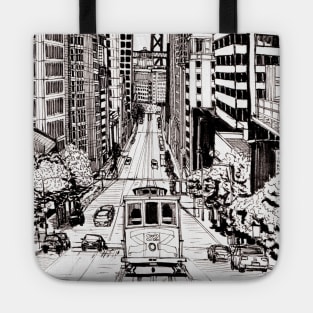 Cable Car San Francisco Cityscape USA Pen and Ink Illustration Tote