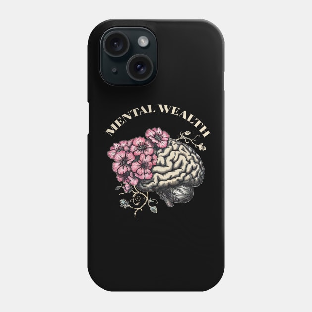 Mental Wealth, Brain mental health psychology, pink flowers,anatomy watercolor art Phone Case by Collagedream