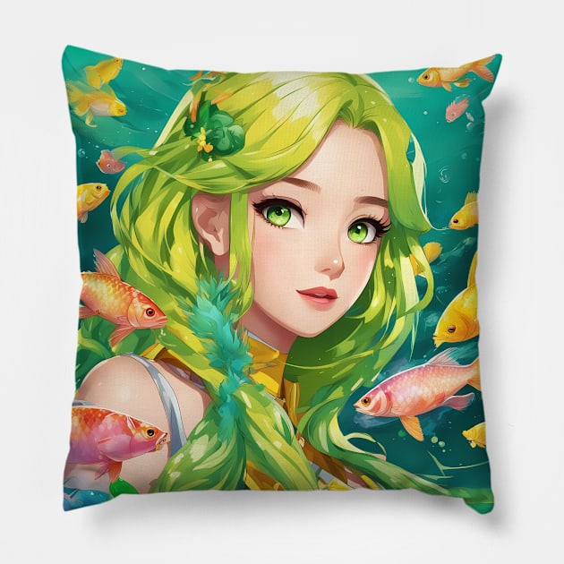 anime girl with fish aquatic world deep sea Pillow by animegirlnft