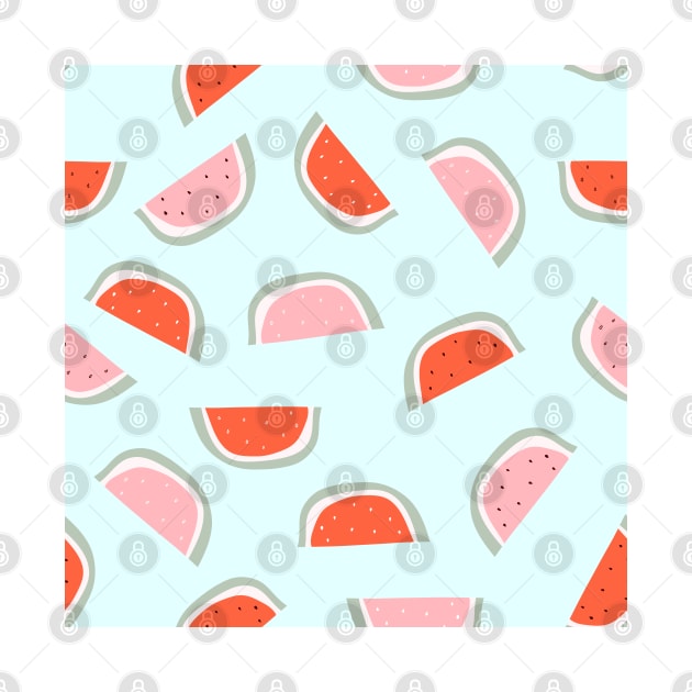 Red and pink watermelon slice with bones design on blue background by Eshka