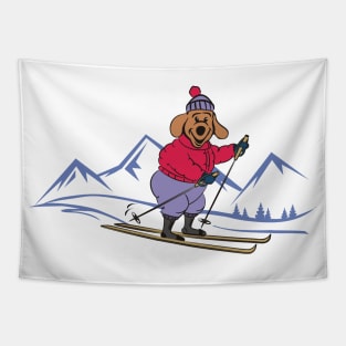 Happy Cartoon Dog Skiing in the Winter Mountains Tapestry