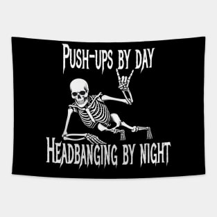 Metalhead Skeleton Doing Push-Ups Tapestry