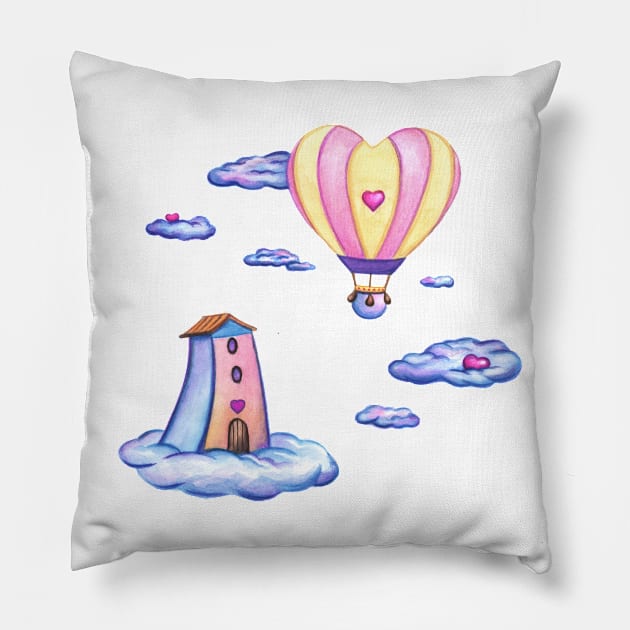 Romantic balloon ride at home Pillow by Nopi Pantelidou