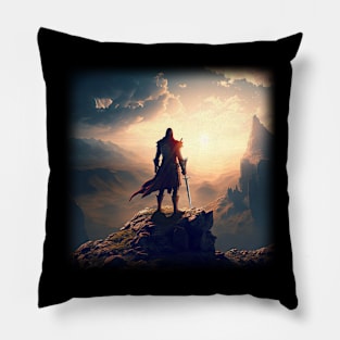 warrior fighter soldier holding a sword in a battle standing on a mountaintop looking at a valley - Fantasy Illustration -  Christian Pillow