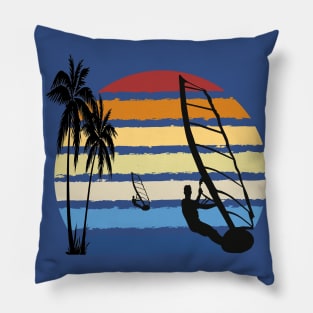 Windsurfers sailing into a retro Windsurfing sunset Pillow