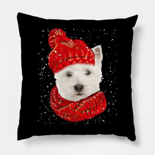 West Highland White Terrier Wearing Red Hat Christmas Pillow