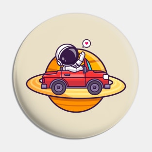 Cute Astronaut Driving Car On Saturn Planet Cartoon Pin