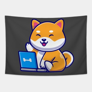 Cute Shiba Inu Dog With Laptop Cartoon Tapestry