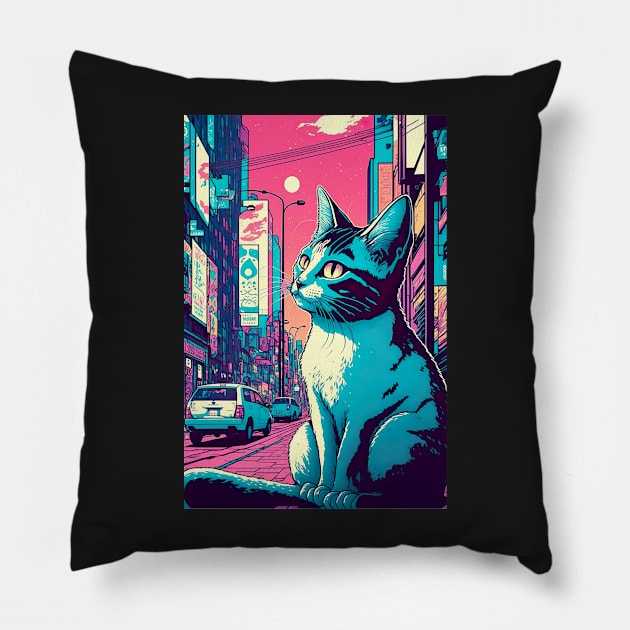 blue cat in the street Pillow by KoolArtDistrict