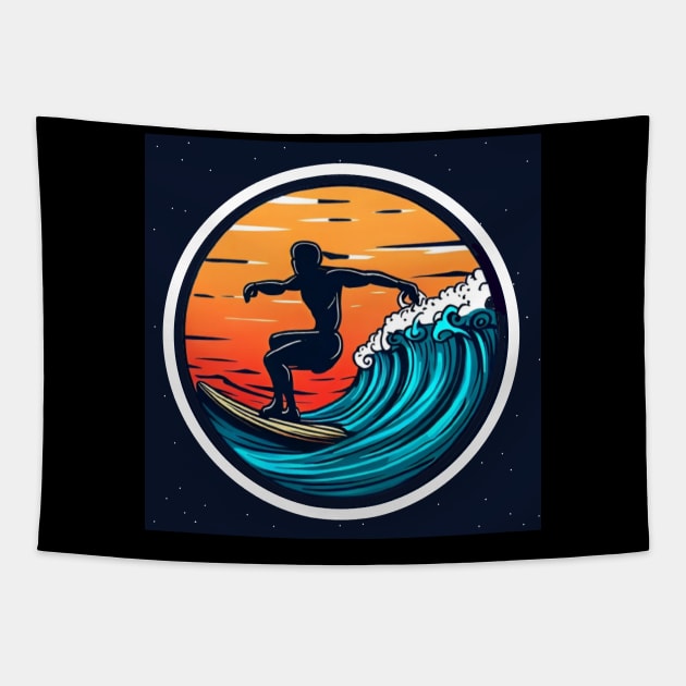 Surfing man on the seas at evening. Tapestry by Spartans Club