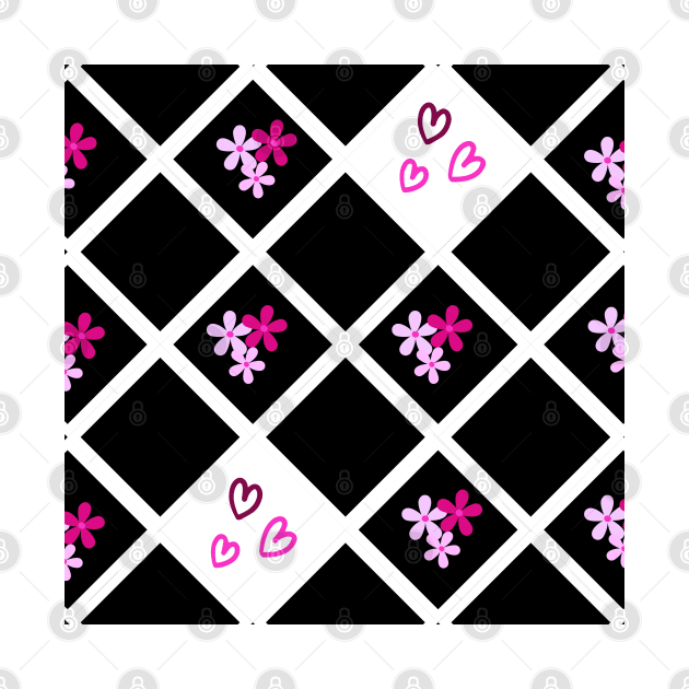 Pink and Black Floral Heart Checkered Pattern by iDaily