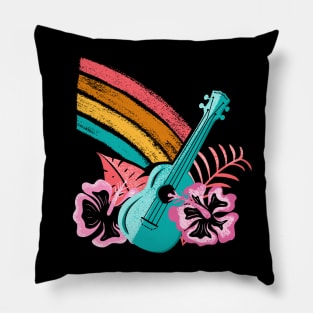 Tropical Ukulele Rainbow Hibiscus Flowers Hawaiian Island Paradise Pillow