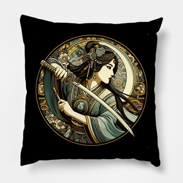 Chinese Sword Fighter - Art Noveau Style Pillow by RCDBerlin