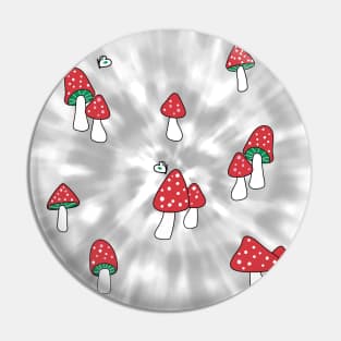 Aesthetic Red Hatted Mushrooms and Butterflies on a Black and White Tie Dye Background Pin